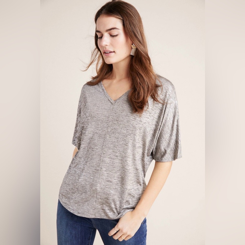 Anthropologie Metallic Gray Silver Shimmer‎ V-Neck Dolman Sleeve Top in Medium